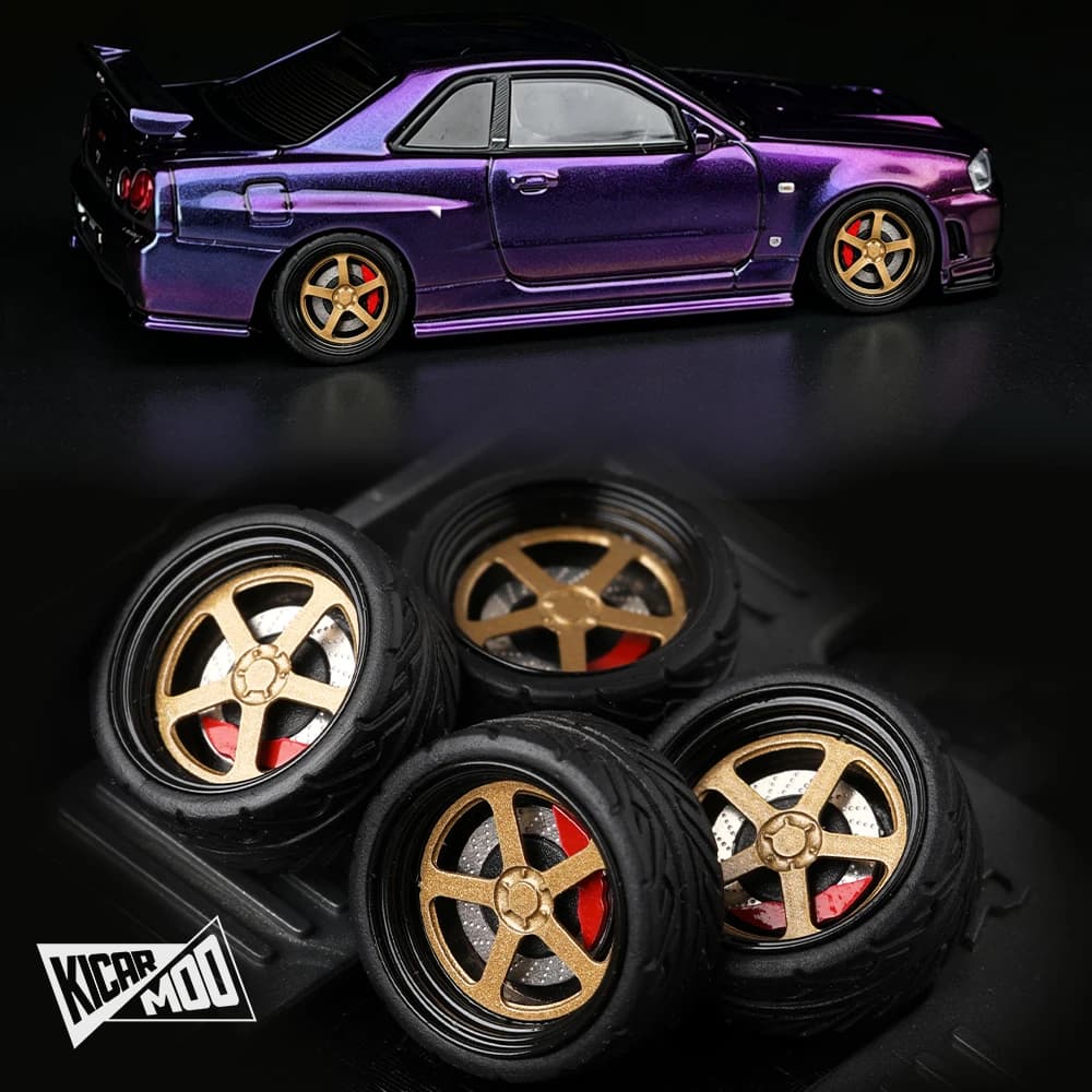 Kicarmod 1/64 G-Series 10.5mm Alloy Model Rim & Rubber Tire Set, 4Pcs Replacement and Magnetic Hub Covers for Tomica