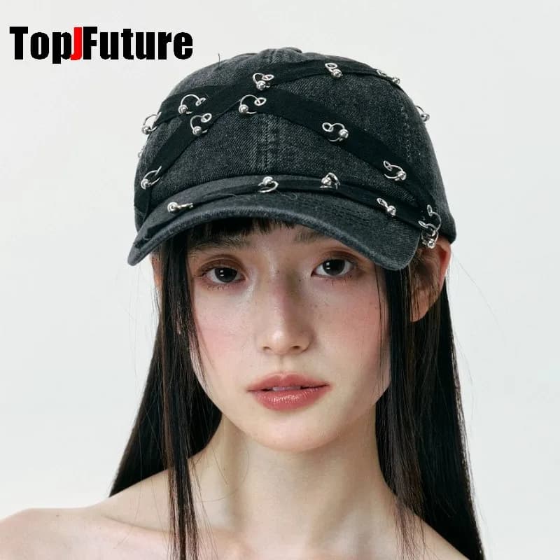 Y2k Girls Punk Harajuku Gothic Cool Dark Cowboy Ring Women's Summer Hip Pop Cap Beret Hat Accessories Caps Baseball Cap Sun Hat