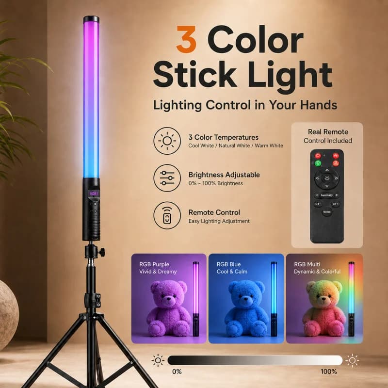 RGB Handheld Video Light Wand, Portable LED Fill Light for Photography, Vlog, Live Stream, Studio and Indoor Shooting