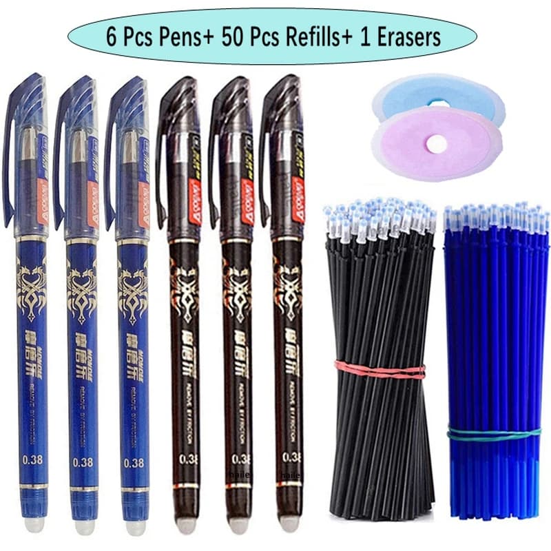 Set di 57 Penne Gel Cancellabili, Nere e Blu, con Ricariche da 0,5mm, Lavabili, per Scuola e Ufficio, Articoli di Cancelleria