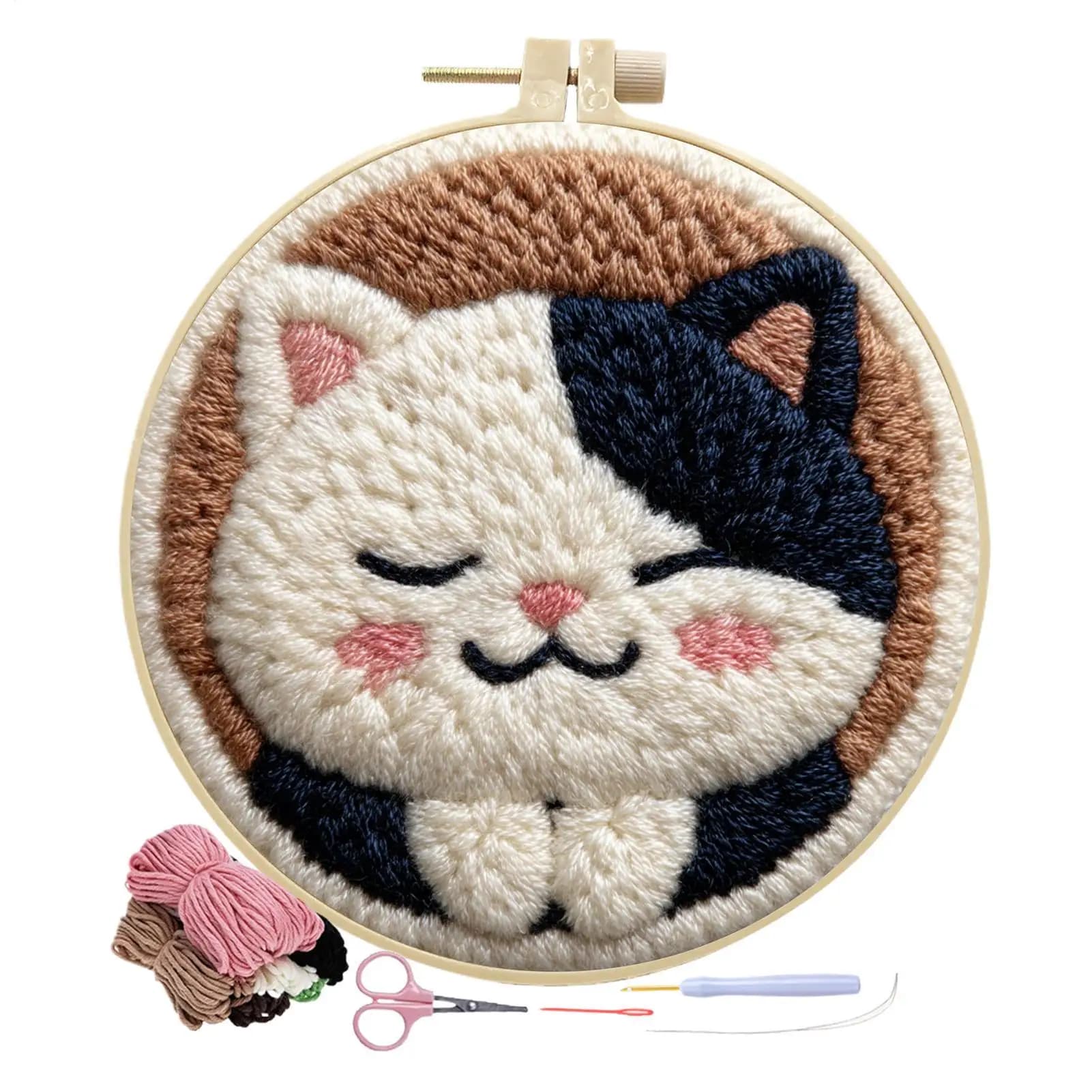 Punch Needle Kits Adults Beginner Interactive Cute Cat Theme Embroidery Set Needle Punch Kits For Adults For Stress Relief