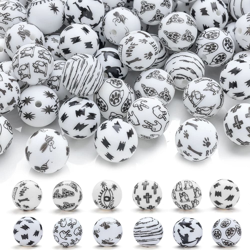 10Pcs Black&White Printed Silicone Beads Food Grade Teething Chew Beads DIY Baby Bracelet Pacifier Chain Making Accessories