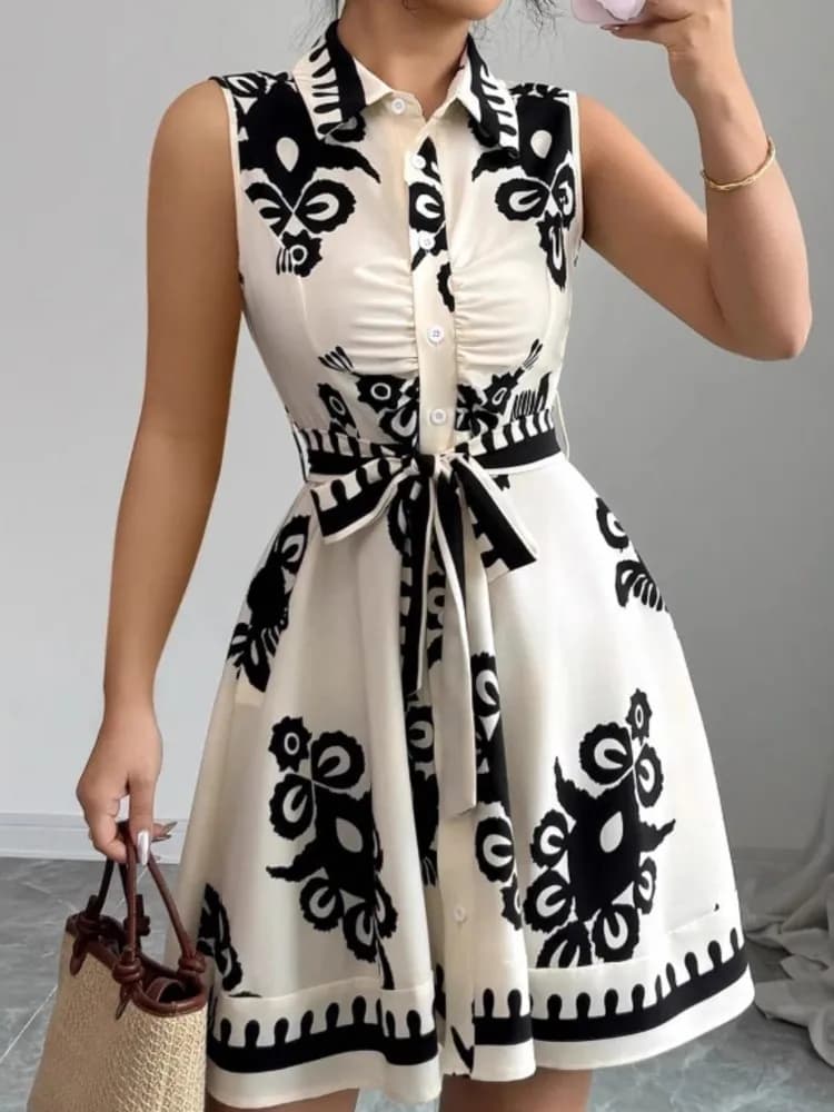 New Fashion Summer Casual Dress for Women Elegant Solid Sleeveless Collar Inverted With Laces Office Vacation Dresses Robe Femme