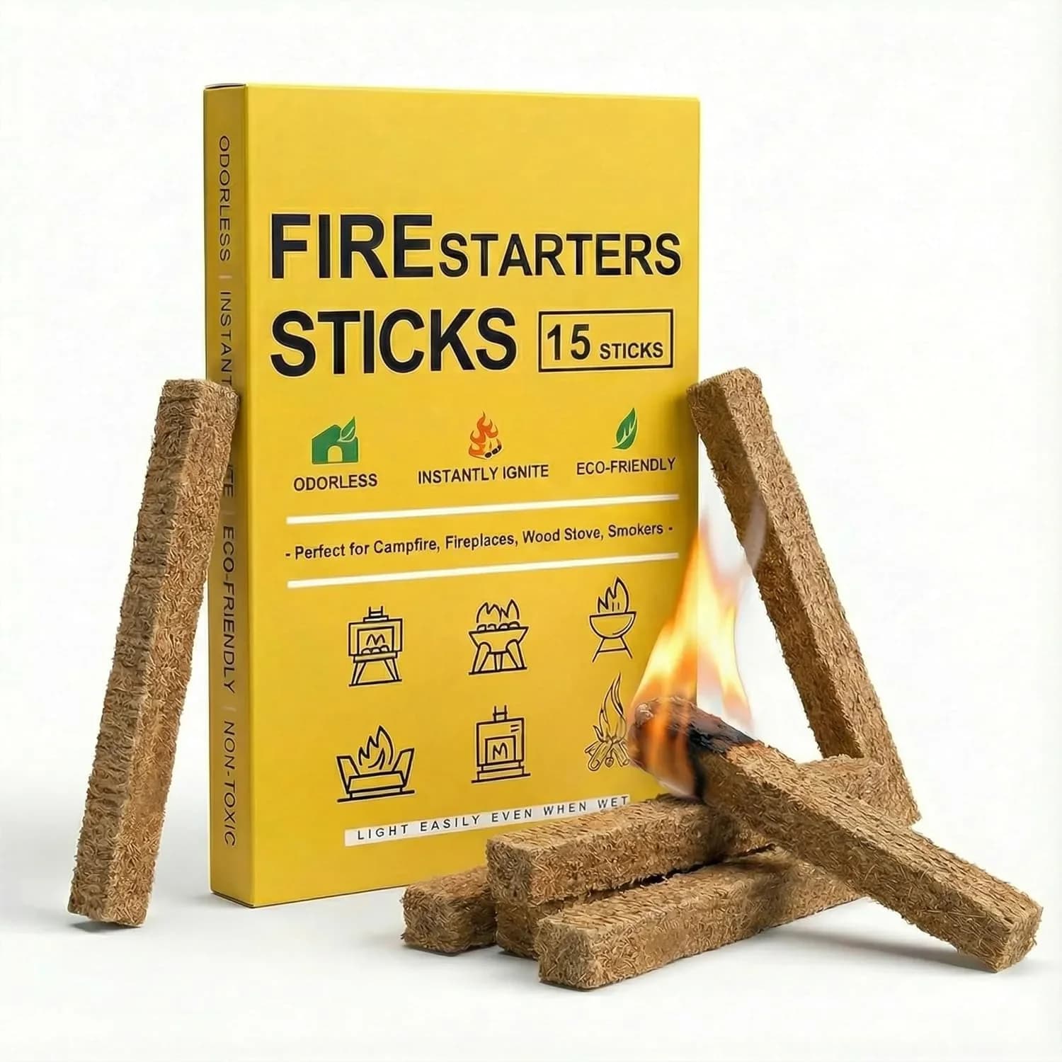 Natural Fire Starter Sticks 15 Count Quick Start Fire Starters for Grills Campfires Indoor Fireplaces Outdoor Firepit BBQ And Wood Stove Odorless Charcoal Firestarter Cubes