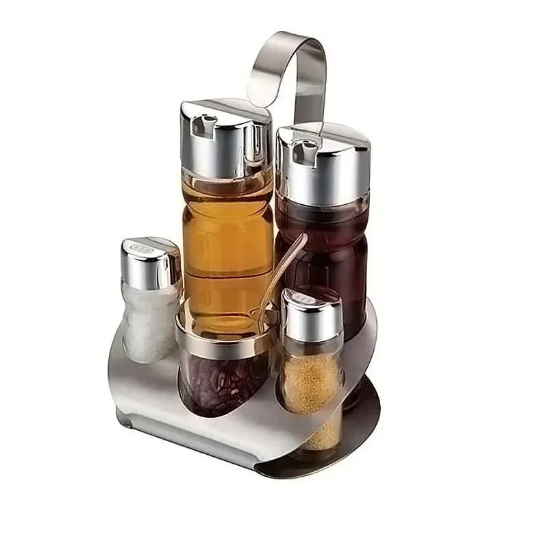 Set di sedili per bottiglie di spezie da cucina (5 pezzi/set) Tavolo da pranzo Bottiglia di olio in vetro Barattoli di condimento Set di portaspezie