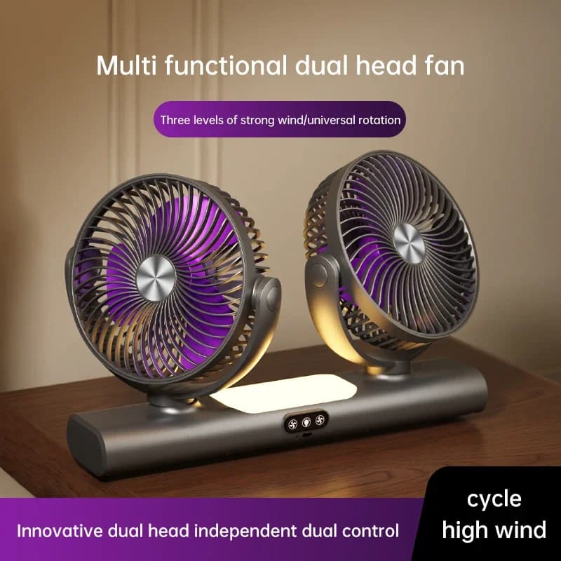 Ventilatore a Doppia Testa per Circolazione dell'Aria, Ventilatore da Tavolo Ricaricabile a 3 Velocità con Luce, Ricarica Type-C, Circolatore d'Aria Portatile Multi-Fissaggio