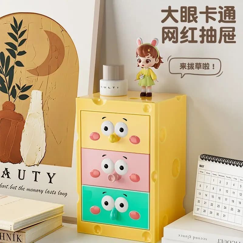 Simpatico Organizzatore da Scrivania con Cassetto Integrato, Contenitore Multifunzionale per Cancelleria, Cosmetici, Studenti, Stile Anime Cartoon