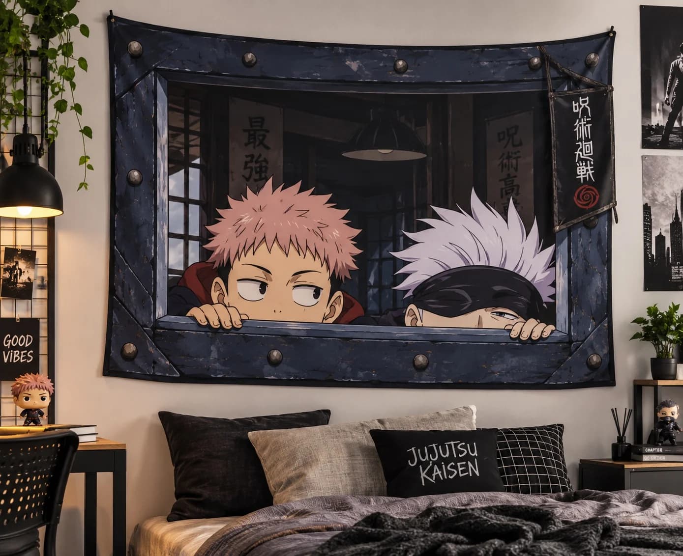 Yuji Itadori Satoru Gojo Window Frame Tapestry Print Wall Hanging For Anime Fans Bedroom Dorm Home Wall Art Decor