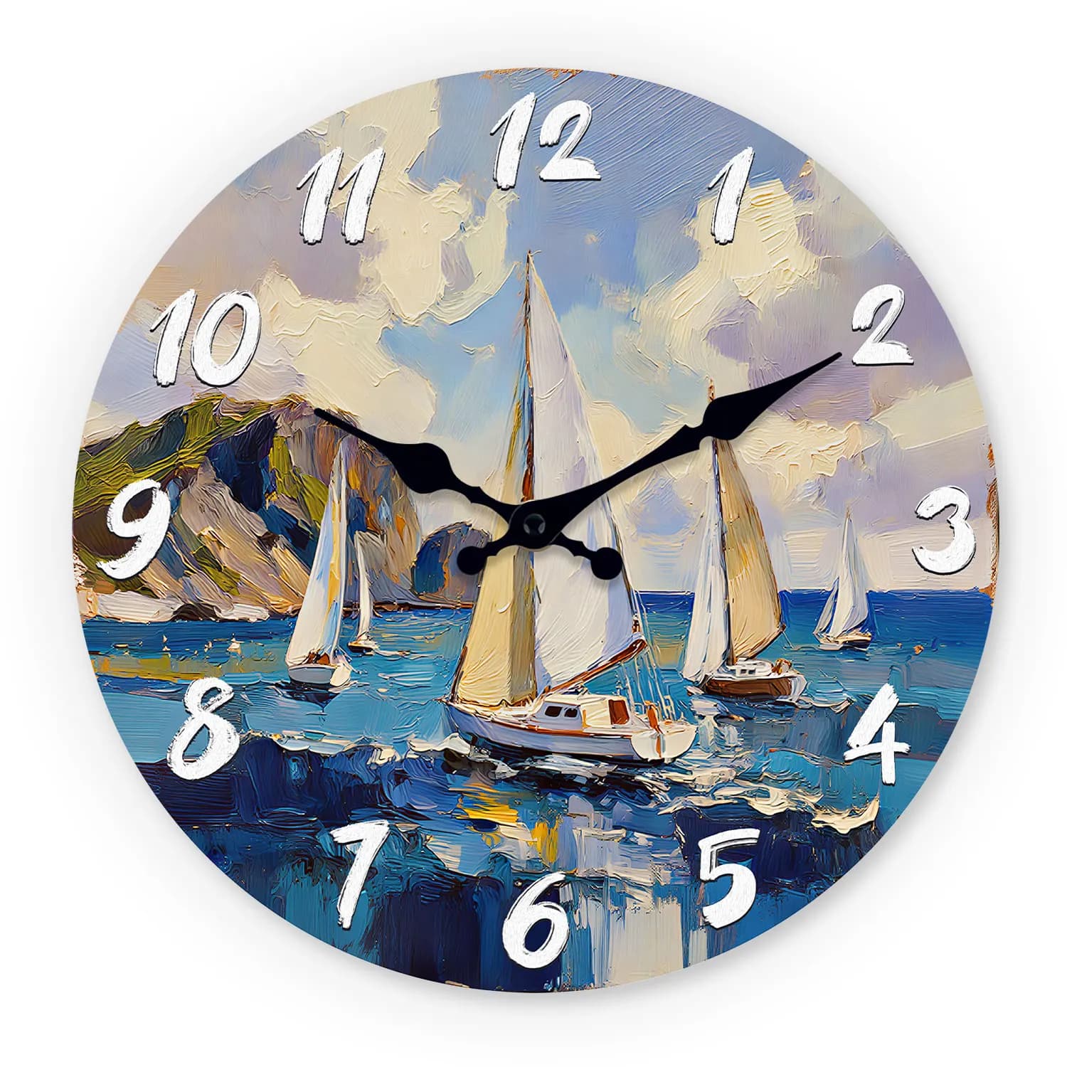 Nautical oil painting style wooden wall clock with sailboat, silent 10-16 inch wall clocks, battery powered AA, suitable for living room, bedroom, office, (battery not included), Mother's Day, Easter, early April