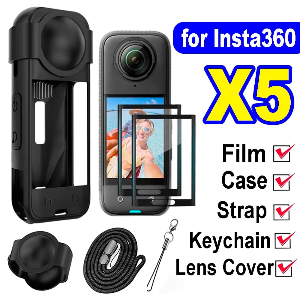 Custodia in silicone 5 in 1 con protezione per lente, cinturino e portachiavi per Insta360 X5, con tappo per obiettivo e pellicola morbida HD antigraffio per Insta360 X5