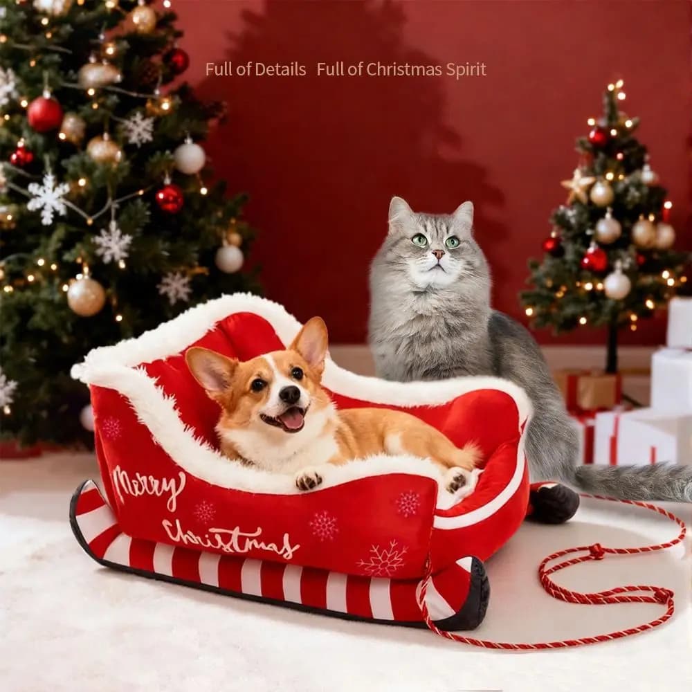Cozy Christmas Sleigh Pet Bed Removable Washable Pet Warm Sofa Non-Slip Bottom Cat Dog Nest Indoor Outdoor