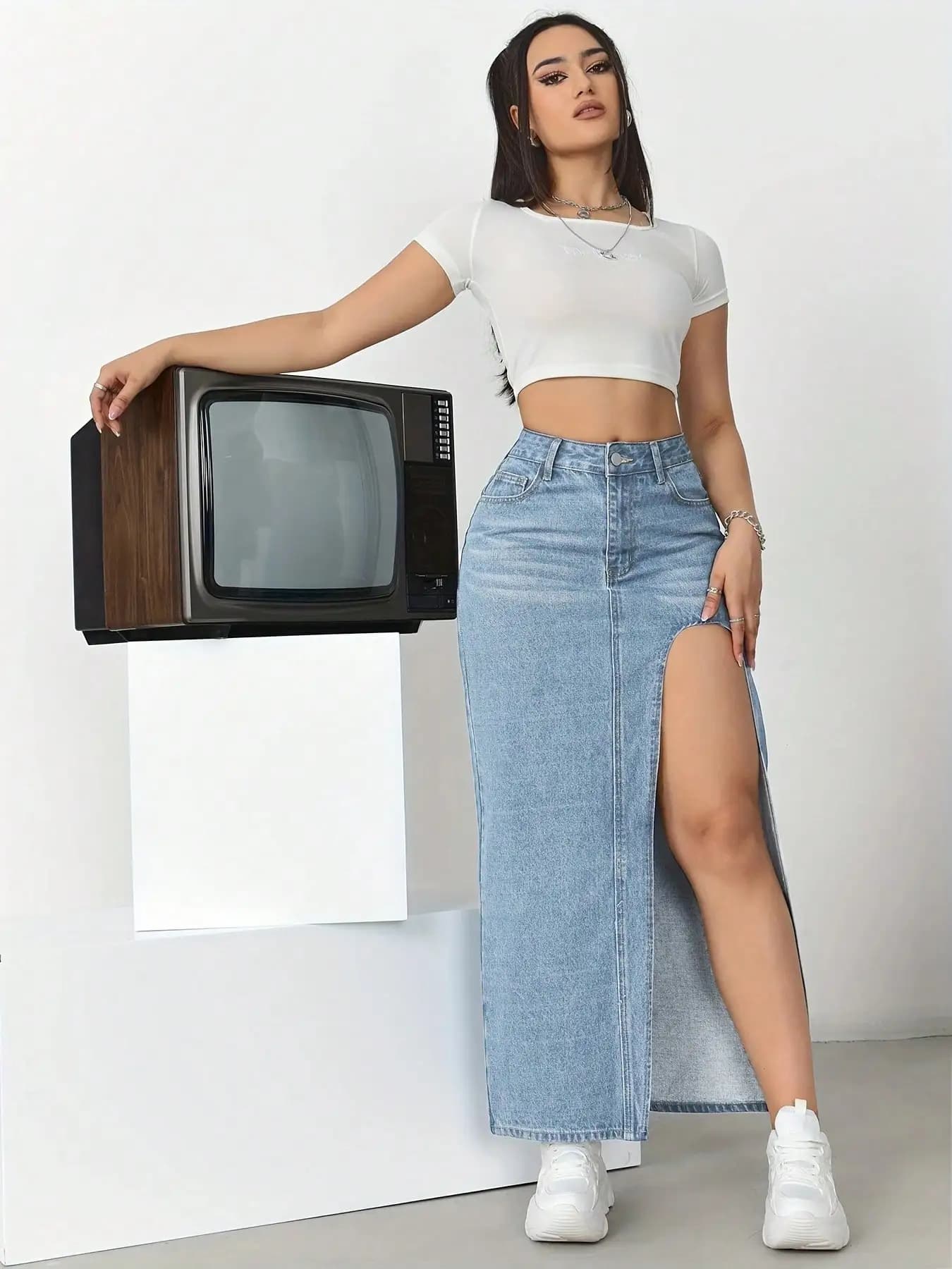 High-Waisted Denim Maxi Skirt with Front Slit for Women