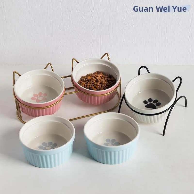 Ceramic Bowl with High Feet Neck Protector Double Bowl Fixed Holder Anti Flip Pet Food Water Bowl Tilt Mouth Bowl
