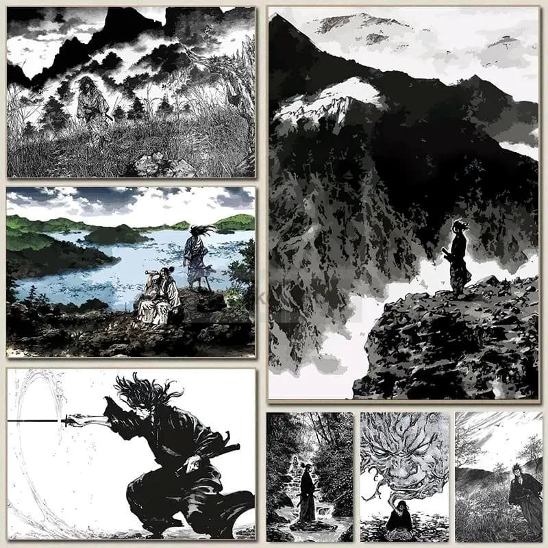 Vagabond Samurai Manga Canvas Art Print Retro Japanese Black White Wall Poster for Home Decor