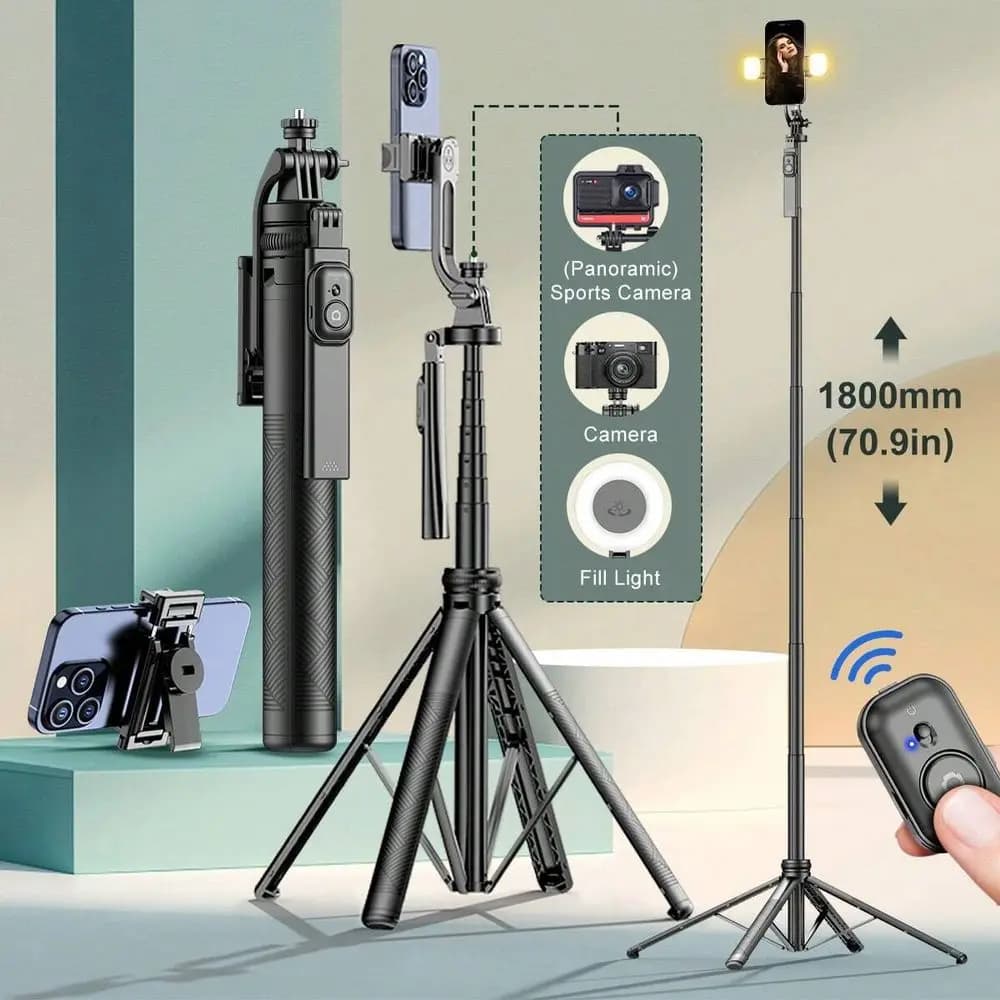 Treppiede per selfie in lega di alluminio con telecomando Bluetooth, supporto per telefono estensibile multifunzionale, compatibile con Smart