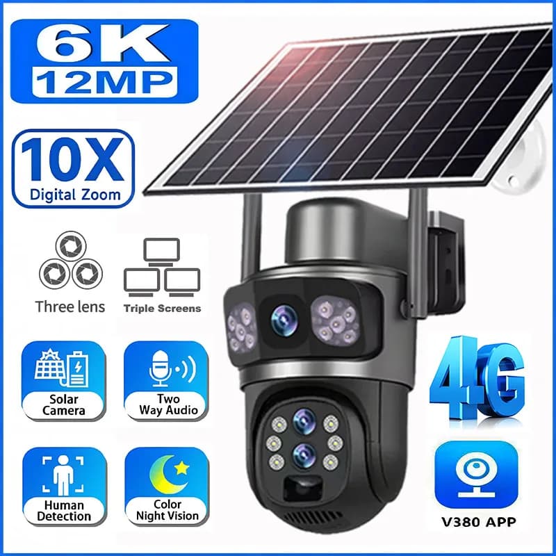 Three Lens 10X Zoom 4G Sim Solar Camera Exterior 6K 12MP Security Monitor Camera 360 Automatic Monitoring Human Solar CCTV V380 Pro