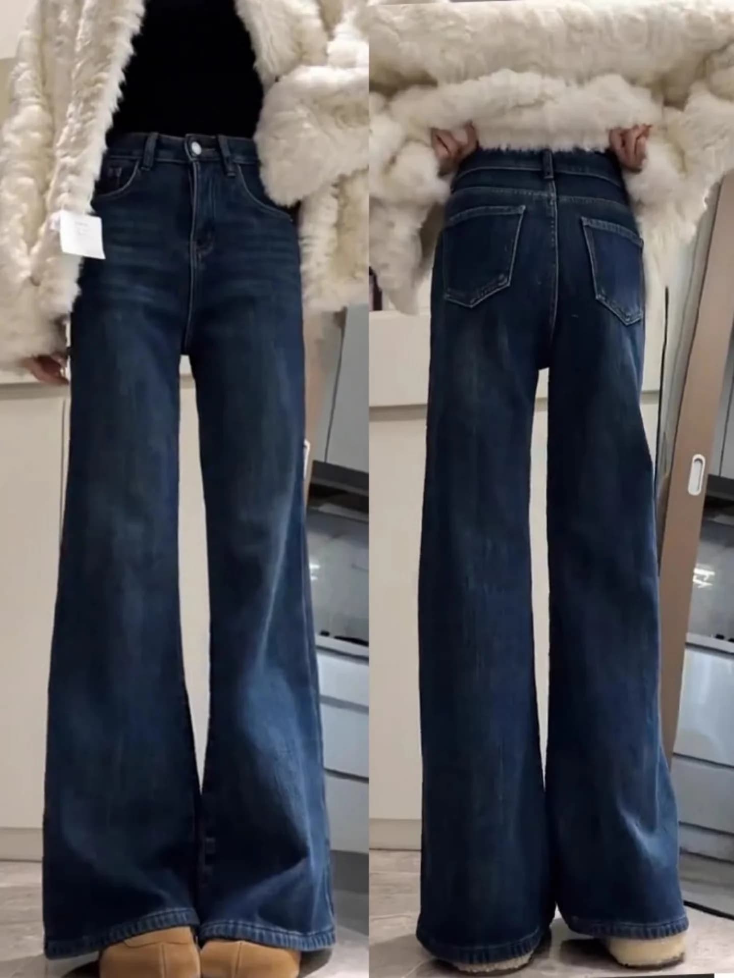Fleece Lined Wide Leg Jeans Loose Fit Comfortable Bootcut Denim Pants for Women with Curvy Figures Warm Winter High Waist