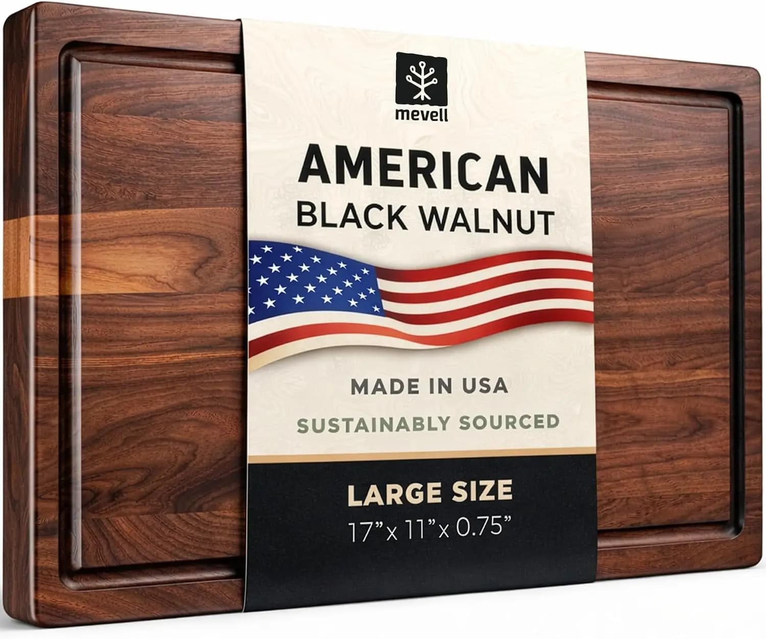 Walnut Wood Cutting Board Reversible with Juice Grooves, Extra Large 17x11x0.75 Chopping Board for Kitchen, Charcuterie Serving Tray, Handcrafted USA