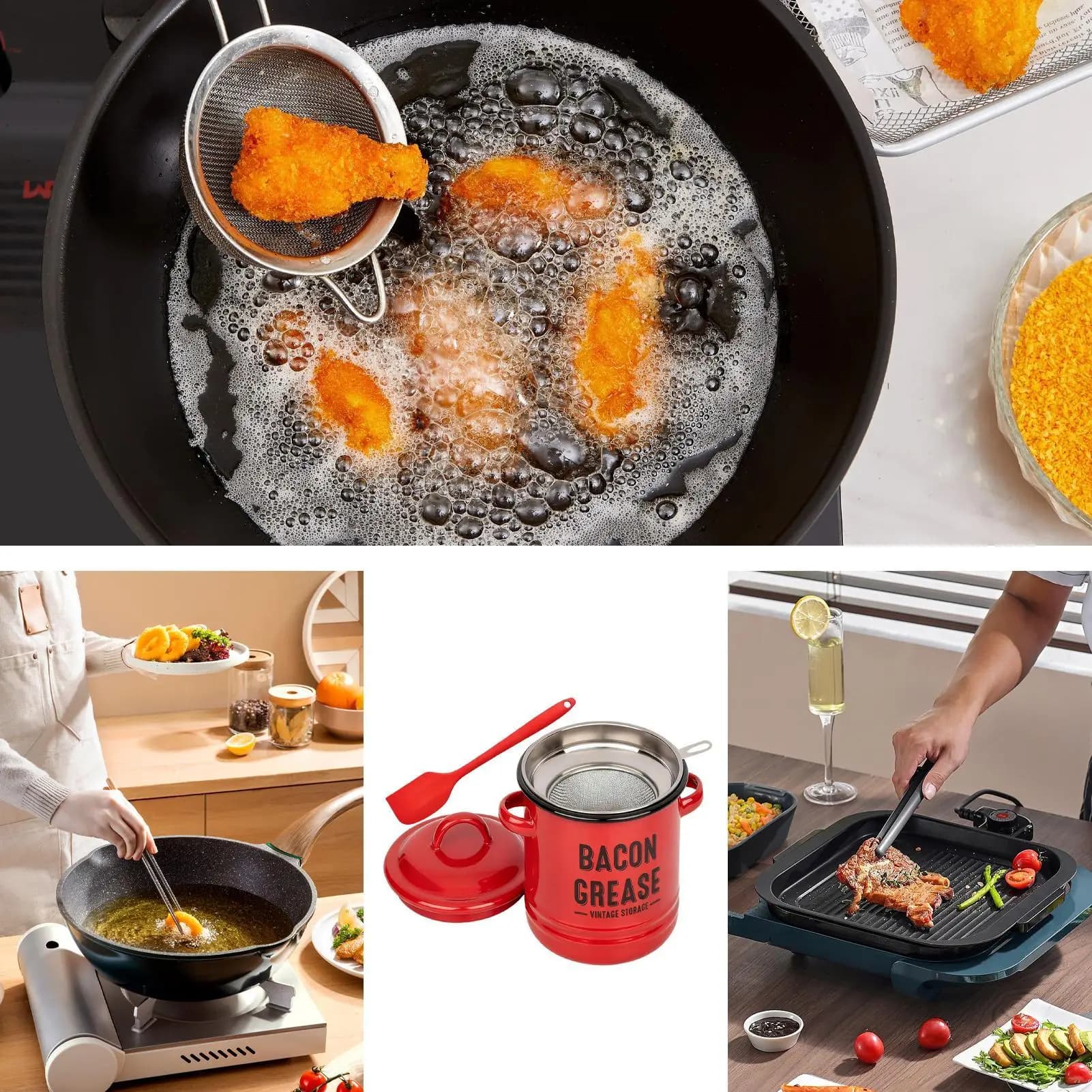 Lattina di grasso per la cucina Barattolo riutilizzabile Spatola per la conservazione dell'olio Colino per grasso e contenitore per la cottura di arrostire Preparazione dei pasti Vacanza