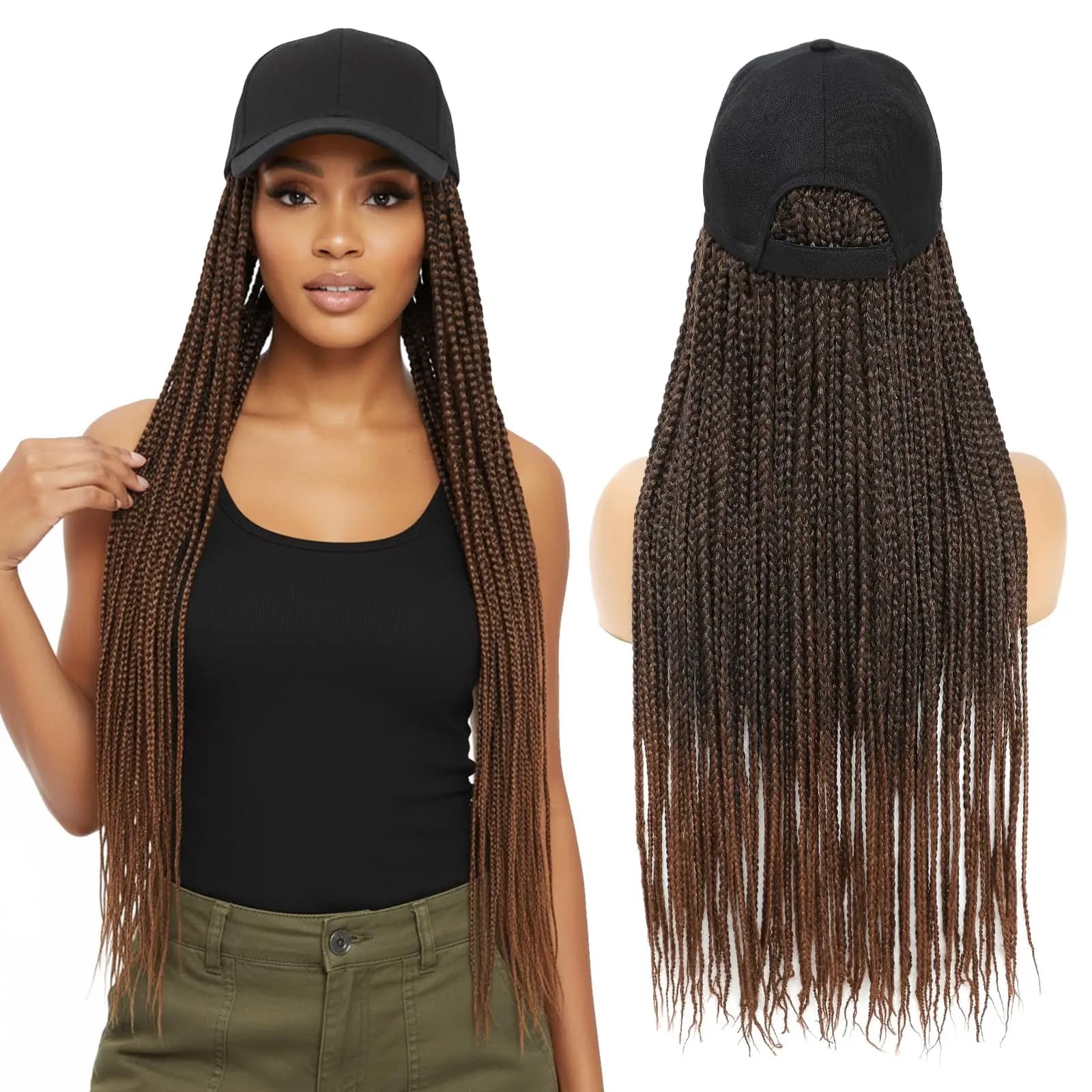 Cappello con parrucca per donna, berretto da baseball con capelli intrecciati, parrucca sintetica con trecce a box braids, cappello con trecce ombre marrone scuro