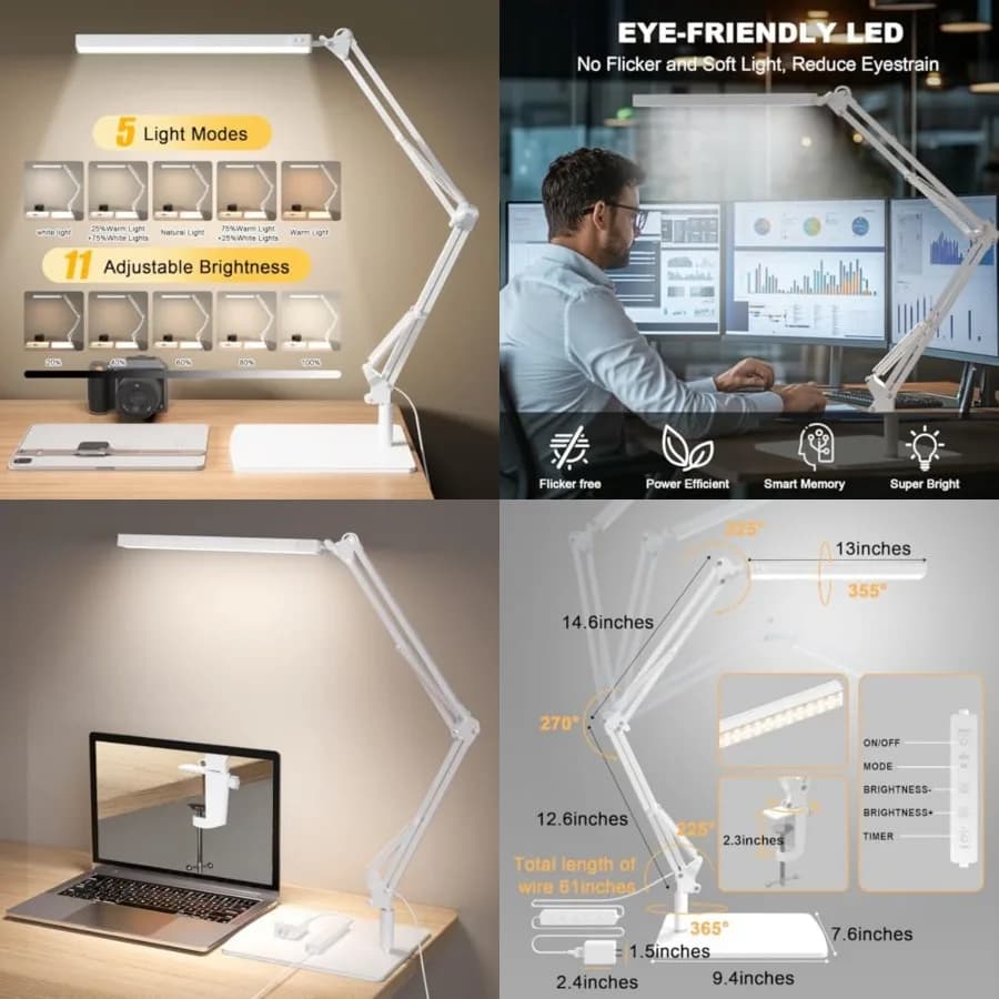 Lampada da scrivania con braccio oscillante e base, 80 LED, 5 modalità colore e 11 livelli di luminosità, 360° ° Braccio Regolabile, Luce per la Cura degli Occhi CRI9