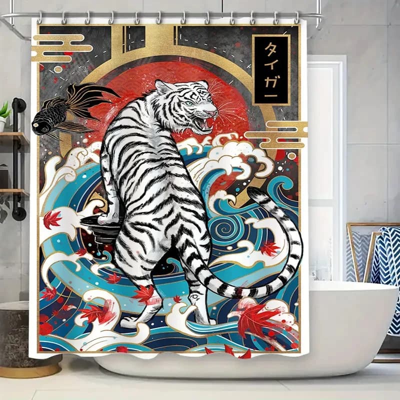 Splendido tenda da doccia impermeabile con tigre bianca e arte giapponese: design audace e vibrante per un'arredamento unico del bagno