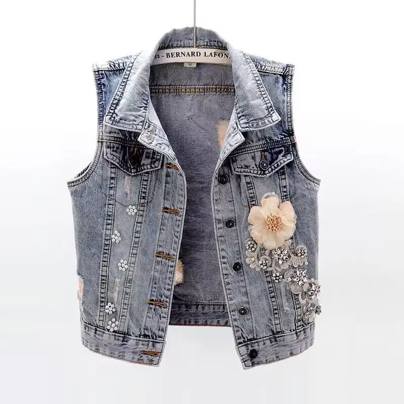 Gilet da donna in denim di lusso perla moda primavera autunno giacca di jeans senza maniche cappotto corto allentato streetwear gilet di jeans con fiori in rilievo