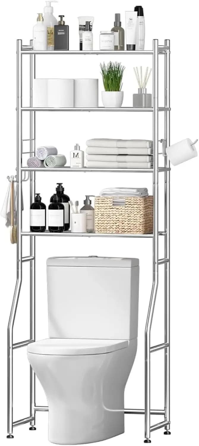 Mobiletto da Bagno a 4 Ripiani in Metallo da Posizionare Sopra il WC con Ganci e Portarotolo, Finitura Cromata