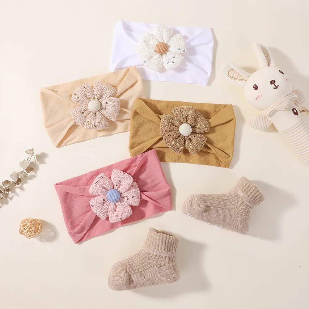 RAINBOW BOWS 3Pcs/set Soft Cotton Baby Headband Socks Set for Newborn Baby Girls Cute Flower Headband Baby Socks for Daily Photo
