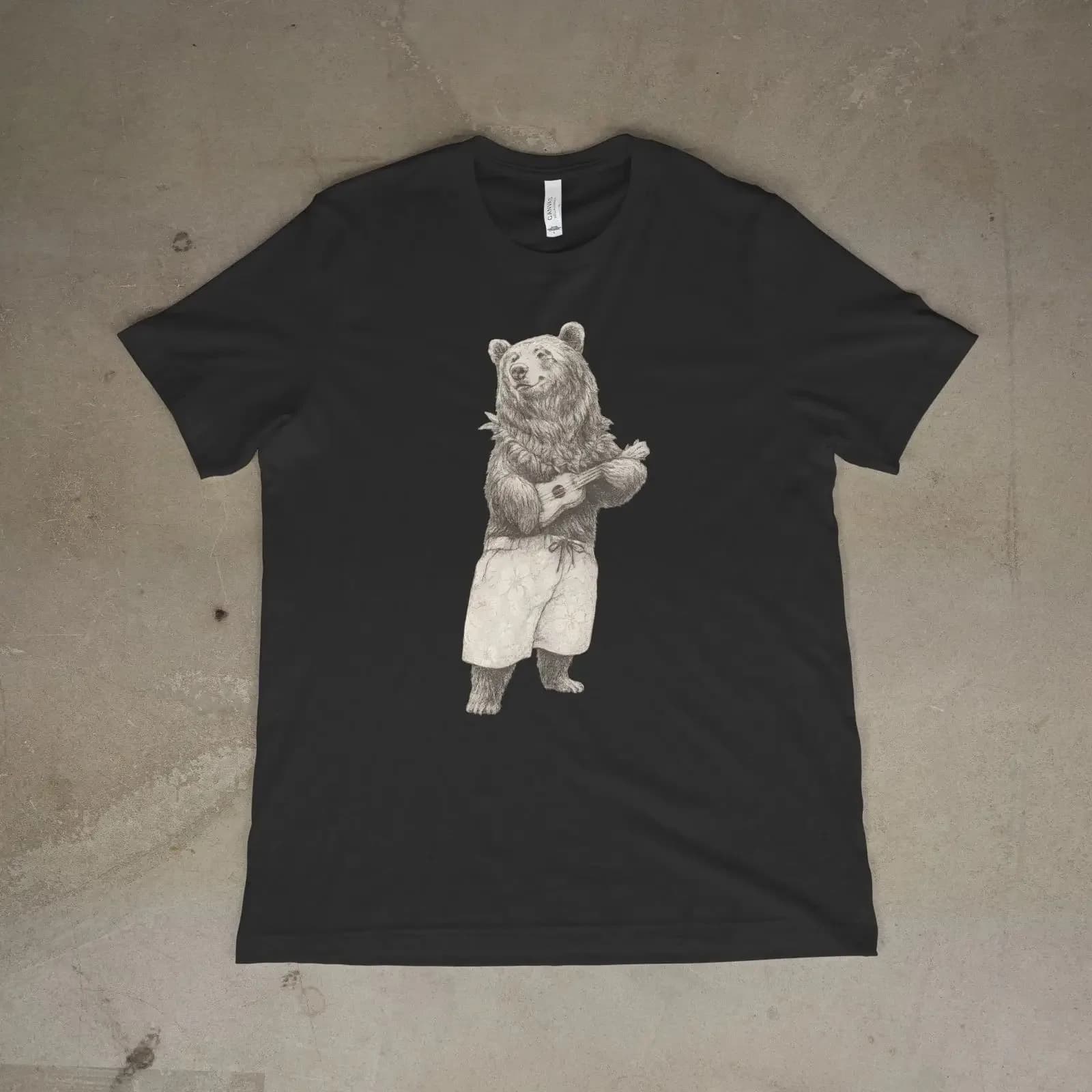 Vintage ukulele bear music sketch animal T shirt cute graphic unisex gift vintage Washed Breathable Casual Slightly homme
