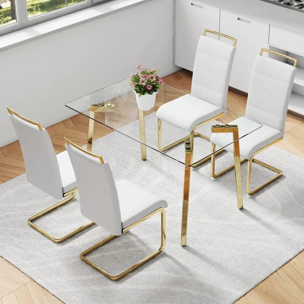 Set tavolo da pranzo in vetro per 4 persone, piano in vetro trasparente con gambe, set tavolo da cucina da 51 pollici con sedie per 4 persone, sedie da cucina in similpelle bianca