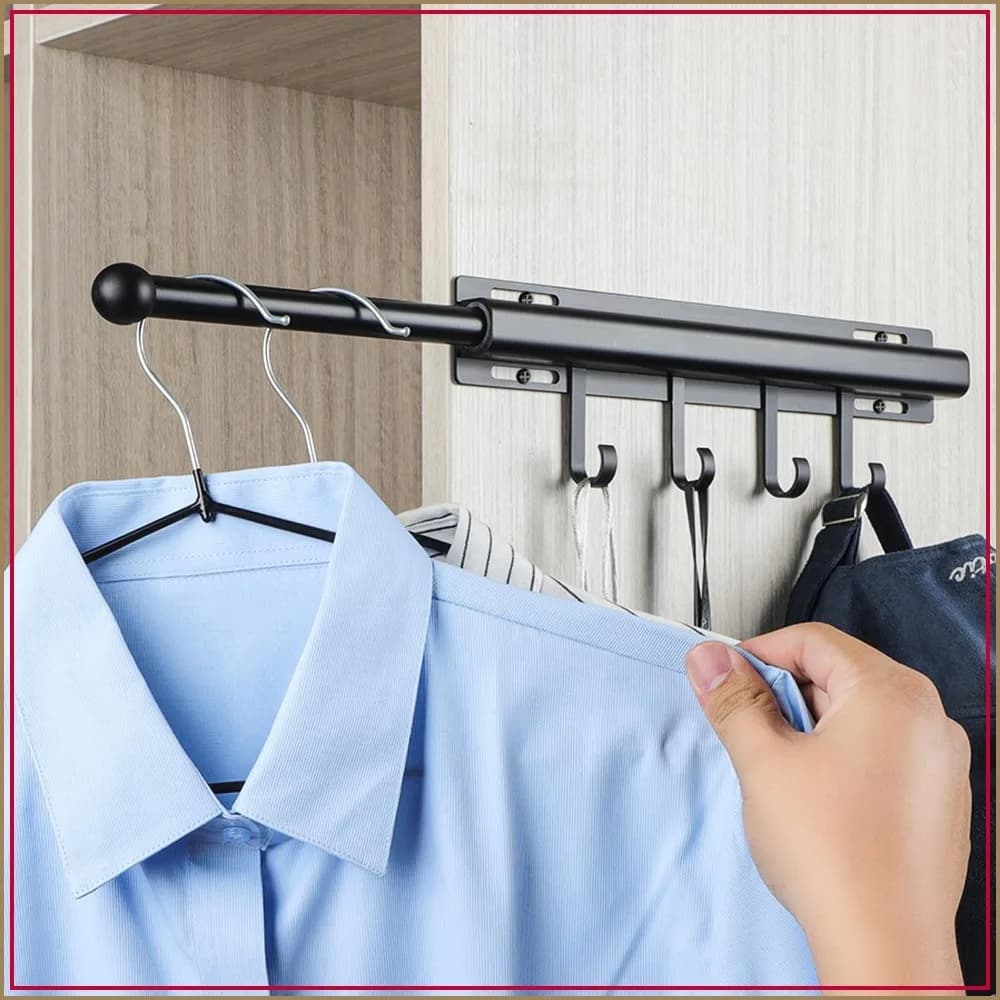 12 inch Pull Out Closet Valet Rod with 4 Hooks, Slide Out Black Clothes Hanger