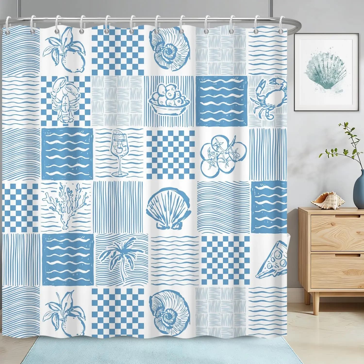 Blue White Nautical Coastal Shower Curtain Bathroom Decor Waterproof Ocean Beach Tropical Tile Print Linens Shower Liner Accesso