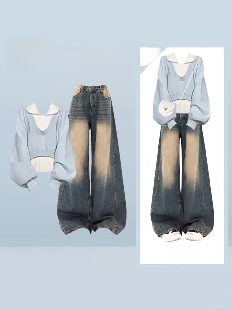Set Moda Invernale da Donna: Top Corto in Maglia Stile Coreano e Jeans a Gamba Larga, Casual, Vita Alta, Tinta Unita, Effetto Snellente