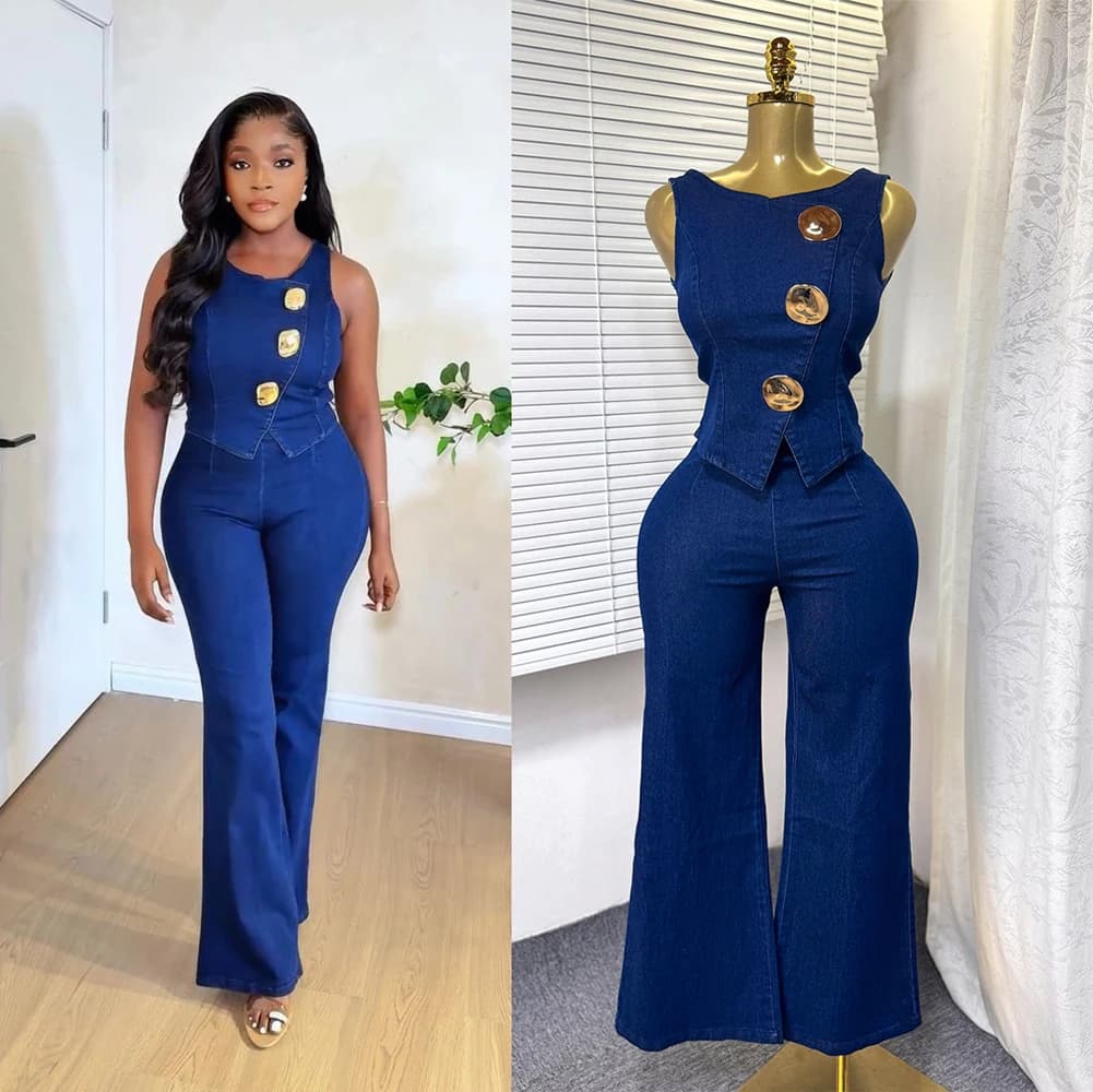 Set di abbigliamento da casa da donna in denim alla moda Canotte con bottoni senza maniche e pantaloni Jean a gamba larga Completo da vacanza 2025 Set da 2 pezzi