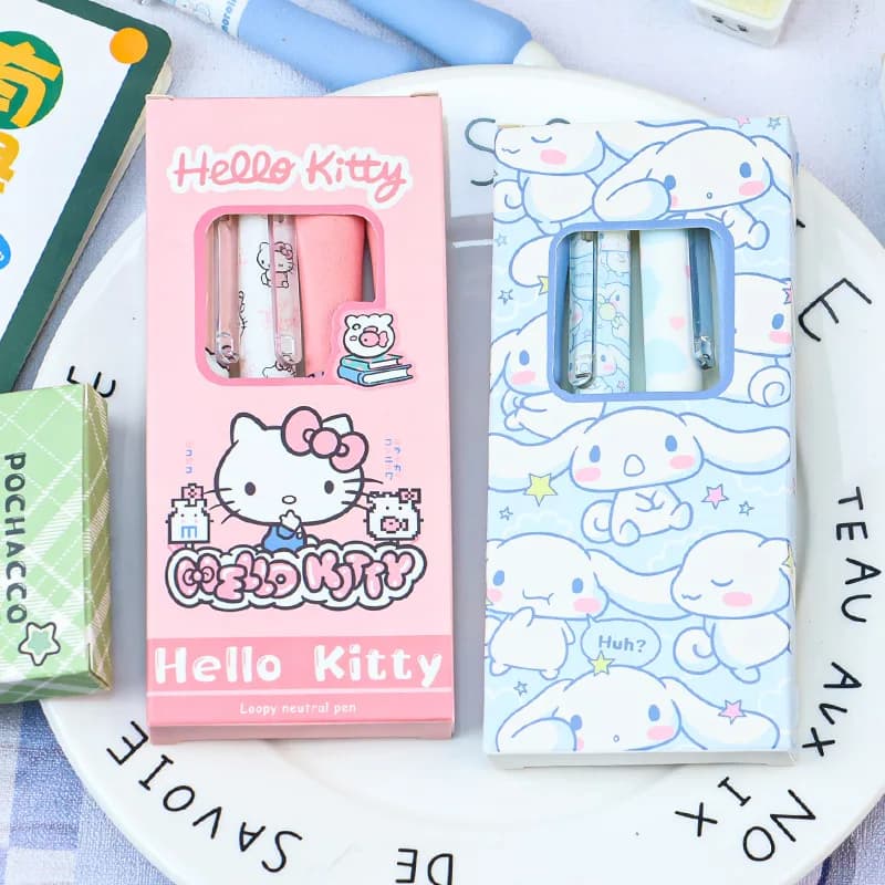 Set di 4 Penne Gel Serie Hello Kitty 0.55mm, Ricaricabili, Y2k Cinnamoroll Kuromi Melody, Penne a Pressione Cartoon, Nere, Articoli di Cancelleria