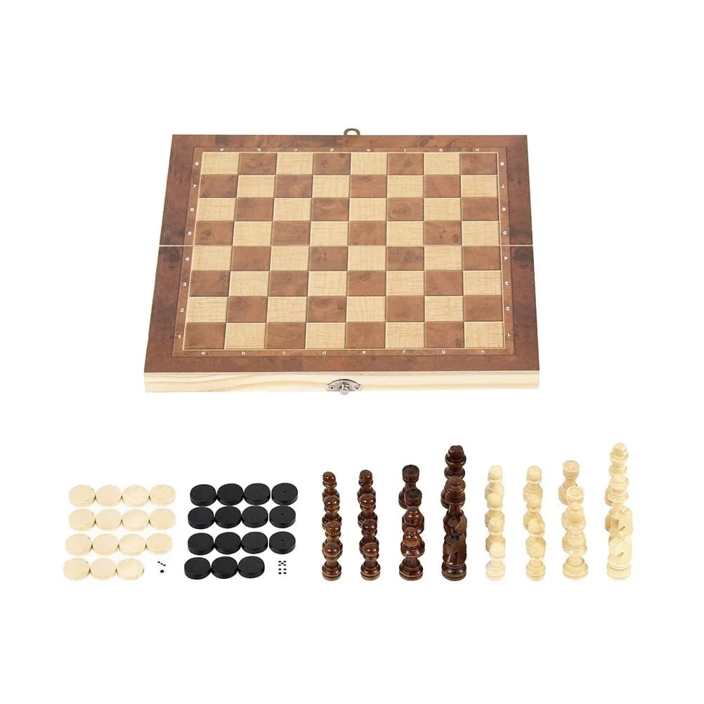 Set 3-in-1 Pieghevole in Legno Massello: Scacchi, Dama e Backgammon con Pezzi Lisci, Gioco da Tavolo Educativo Portatile per Viaggi e Casa
