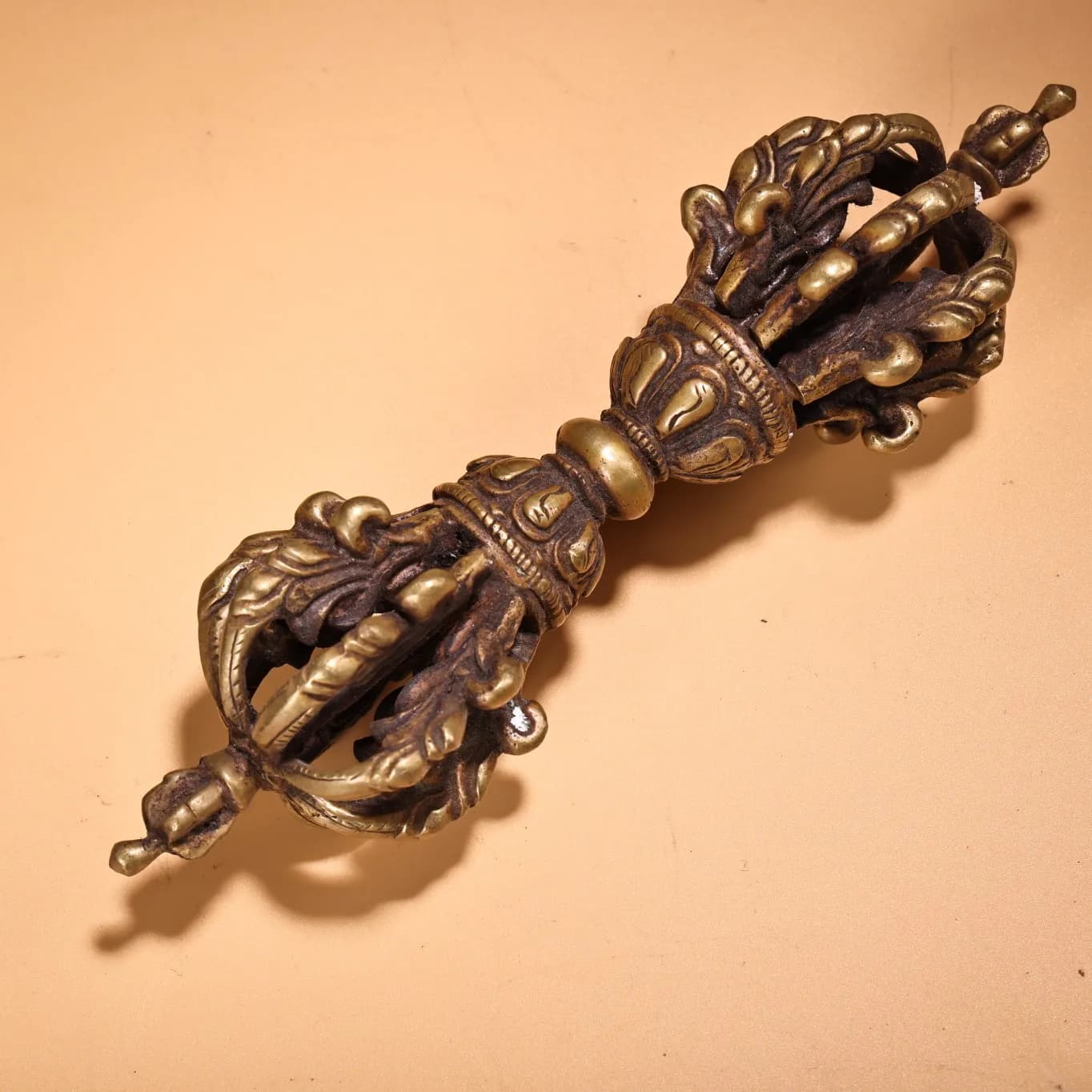 8"Tibetan Temple Collection Old Bronze Cinnabar Mahakala Head Old Ringing Bell Vajra Set Amulet Dharam Worship Hall Town house