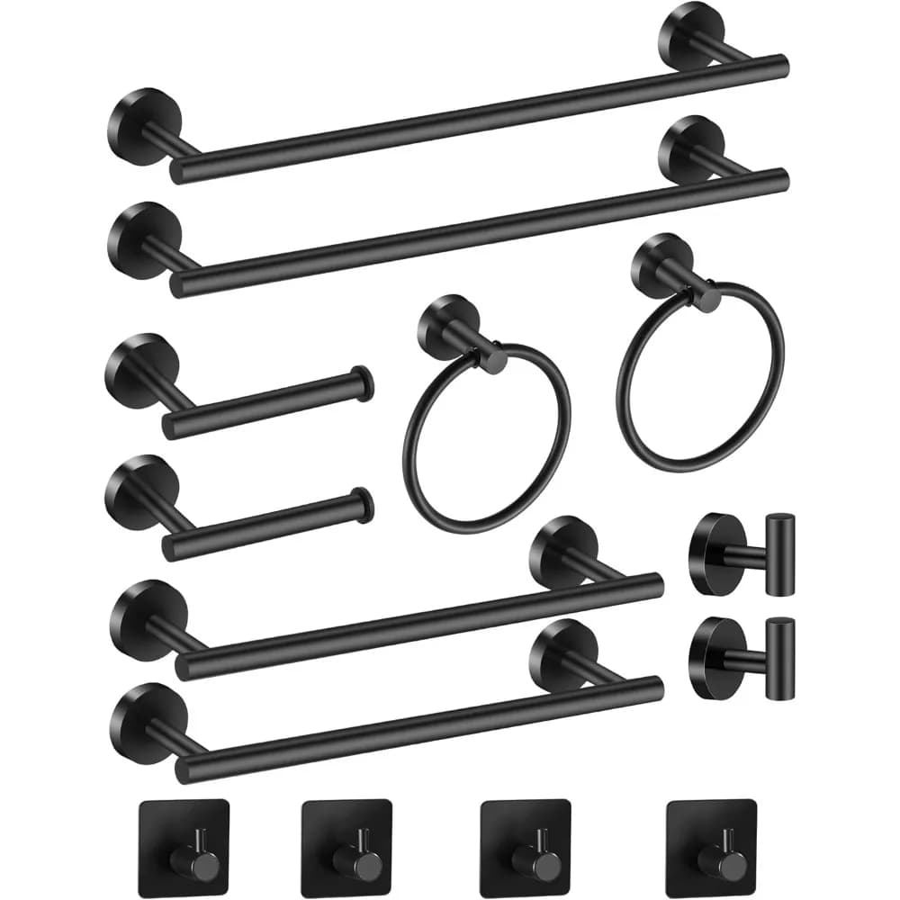 Set di accessori da bagno neri da 14 pezzi con portasciugamani, anelli, portarotolo e ganci per arredamento moderno
