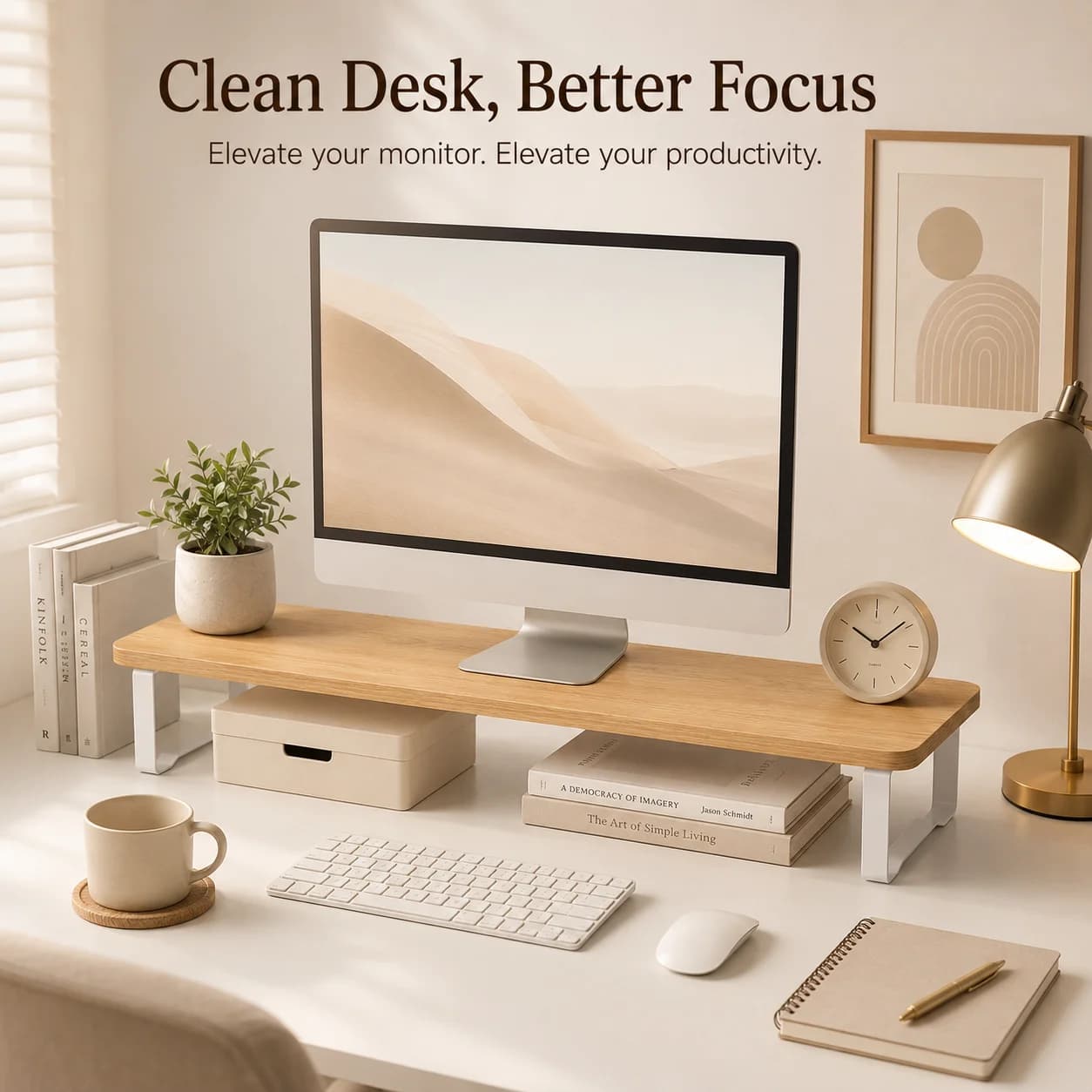 Wood Monitor Stand Riser with Metal Legs, Ergonomic Desktop Computer Laptop Stand for Home Office Desk Organization