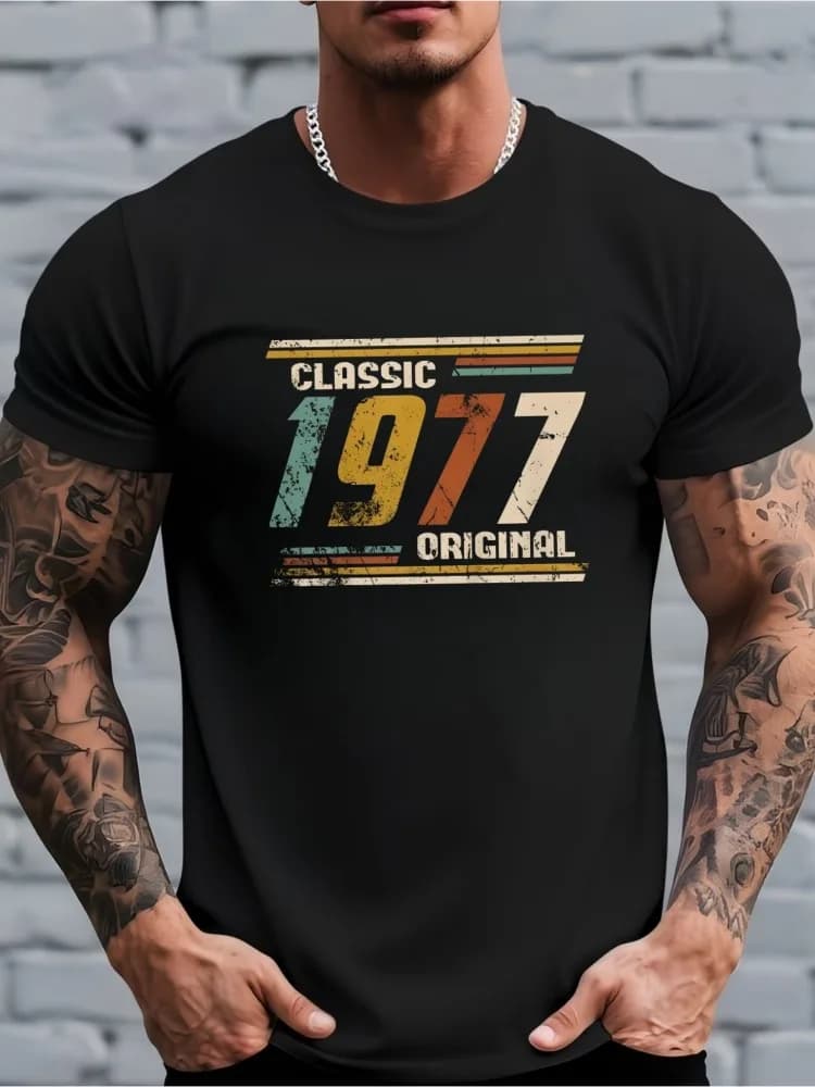Men Summer Short Sleeve T Shirt Classic Original 1977 Vintage Retro Graphic Tee Crew Neck Birthday Casual Streetwear Mens Top