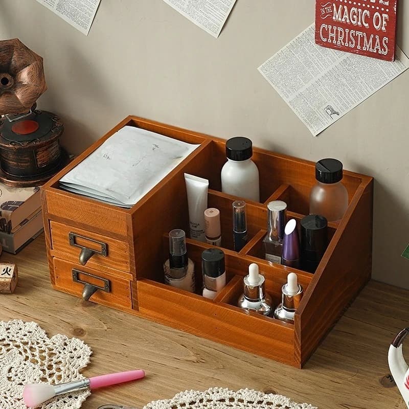 1 Pezzo Organizzatore Vintage in Legno con Cassetti per Cosmetici, Profumi, Maschere e Rossetti, Vassoio Multi-Scomparto per Trucchi da Scrivania o Toeletta
