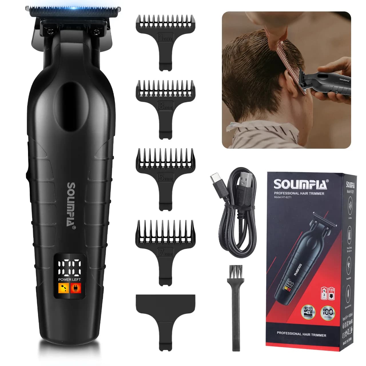 Solimpia Professional Hair Clipper Ceramic Blade Male Hair Trimmer LED Display Haircut Machine USB Charging