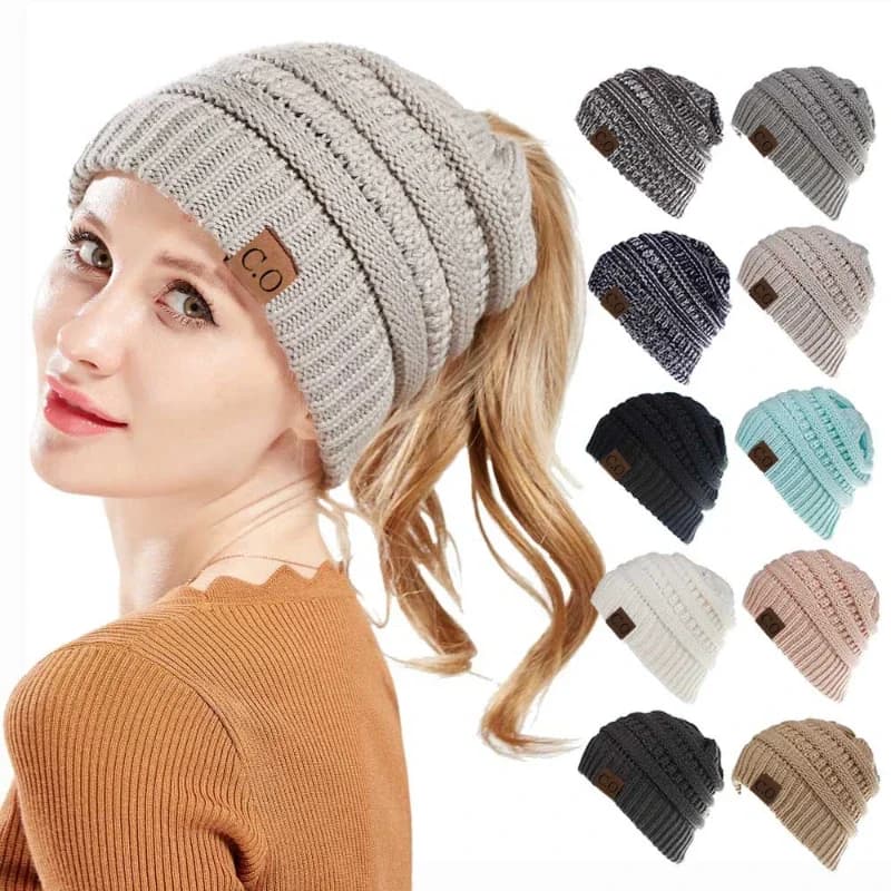 Cappelli invernali da donna con coda di cavallo in maglia, caldi e disordinati, con panino alto, con coda di berretto autunnale, morbidi ed elasticizzate, da donna, per corridore all'aperto