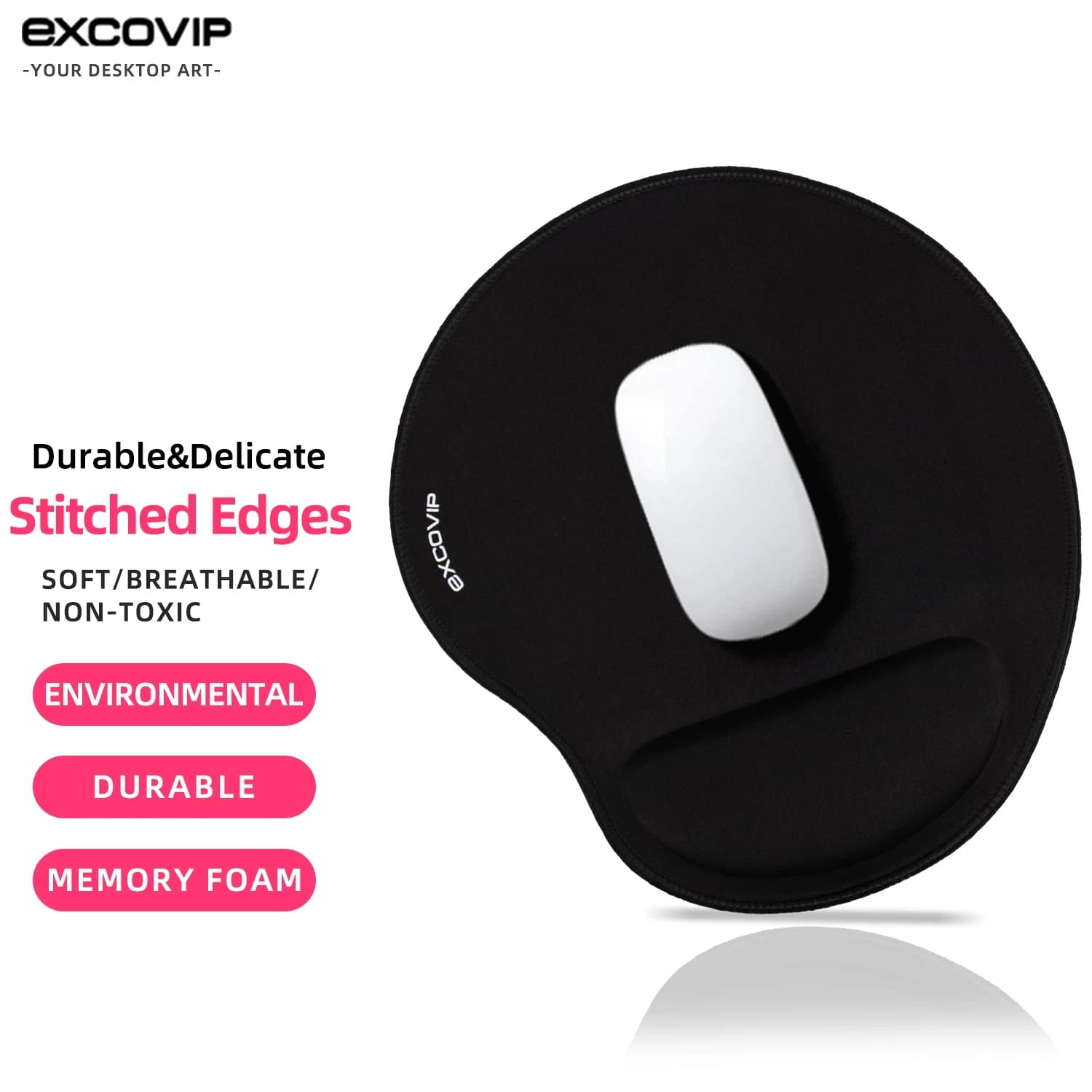 Tappetino per mouse ergonomico EXCO con supporto per il polso in memory foam, bordo cucito, comodo tappetino per mouse da ufficio, base in gomma antiscivolo