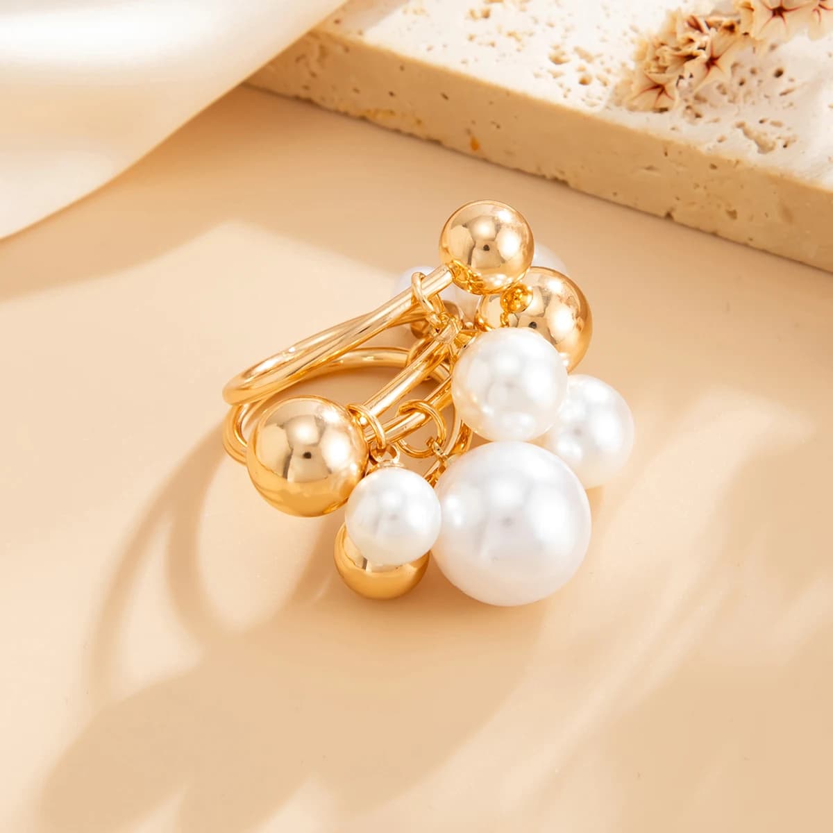 SHIXIN Elegante anello retrò con perla imitazione per donna Anello personalizzato con nocche geometriche irregolari Accessori per gioielli di moda