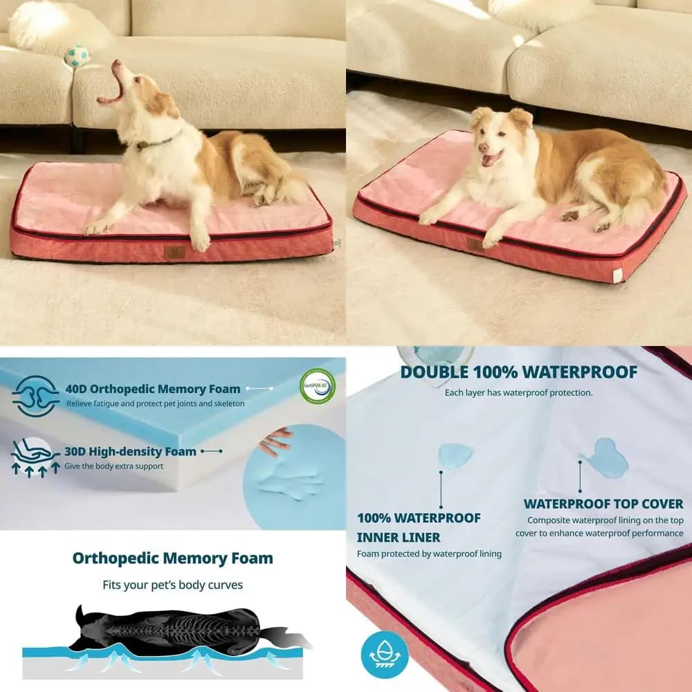 Extra large orthopedic dog bed - 4 thick memory foam, waterproof and removable cover, pink