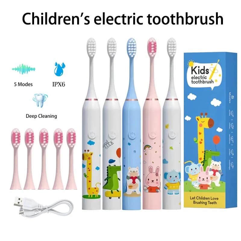 Animated model for clean sonic electric toothbrush for children with spare heads for toothbrush, soft nozzles