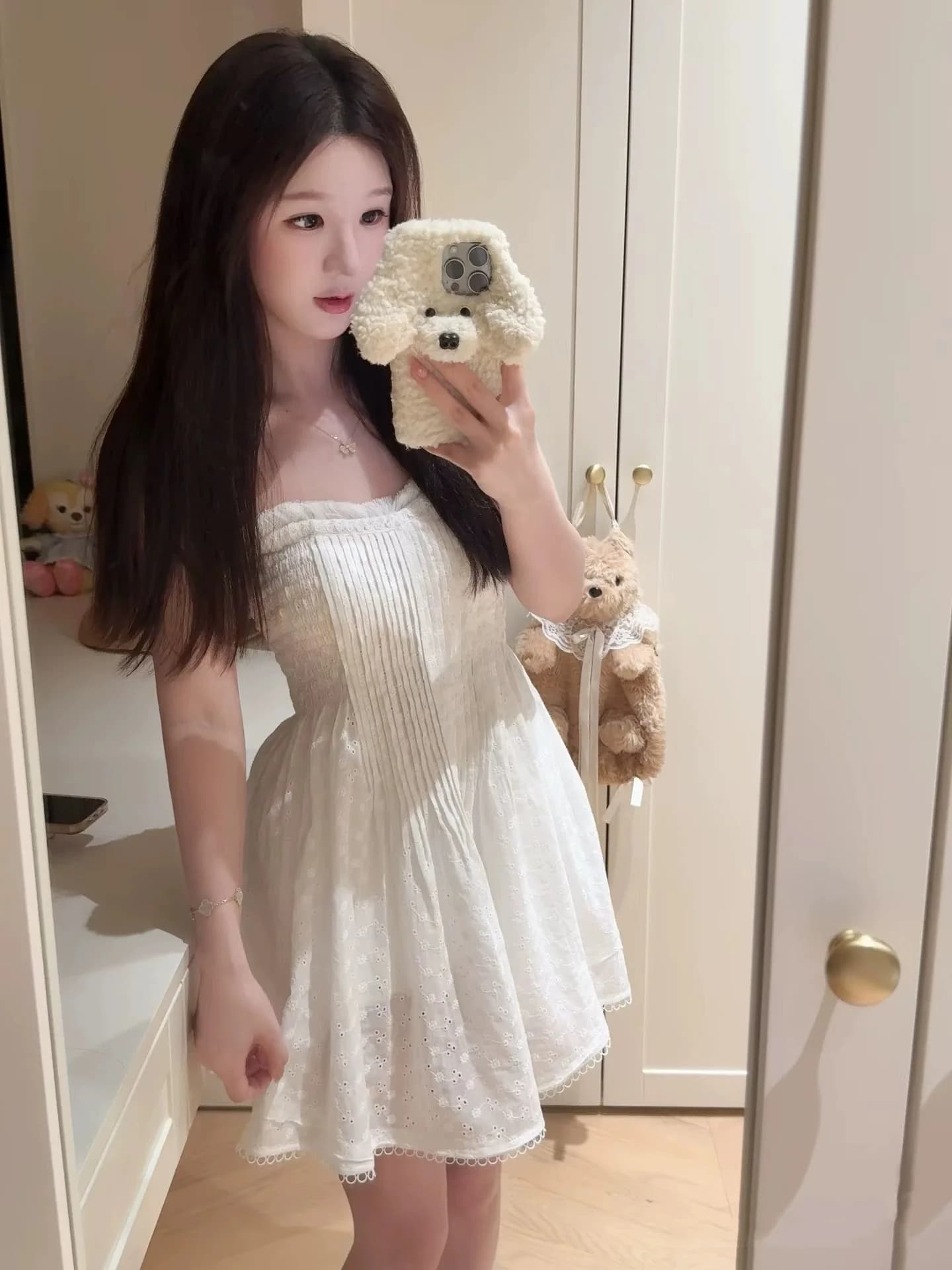 Pure White Floral Embroidery Midi Dress with Shirt Jacket Strap Short Skirt Summer Cotton Gentlewoman High Waist A-Line Dress