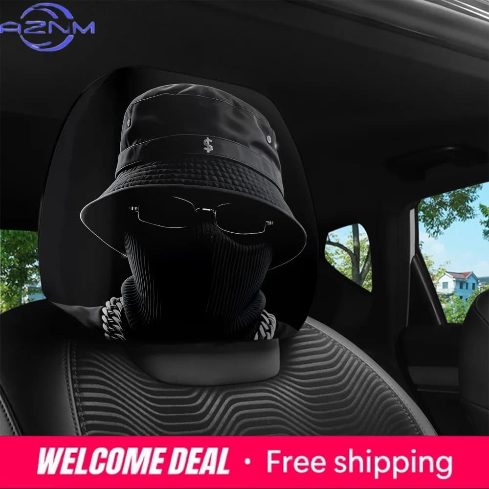 2 Pezzi Coprisedili Auto Neri con Maschera Hip-Hop, Elastici Universali per Decorazione Interni Auto